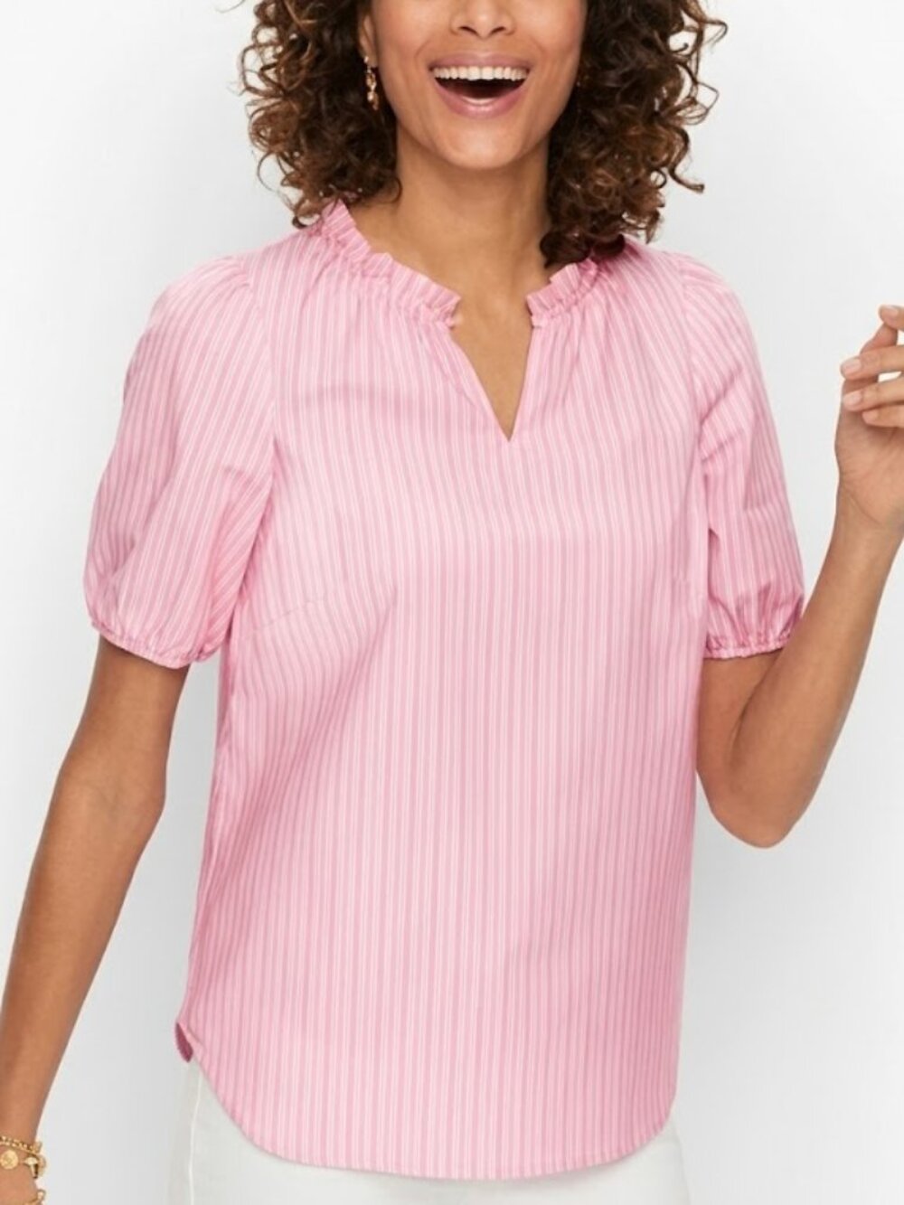 Talbots City Stripe Ruffle Popover Blouse Pink White M